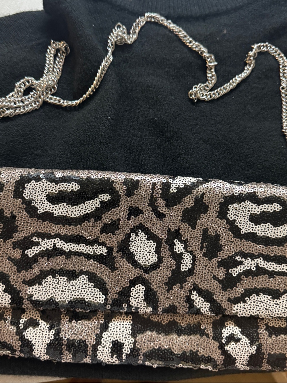 Steve Madden Black and Silver Sequin Leopard Print Clutch with Chain